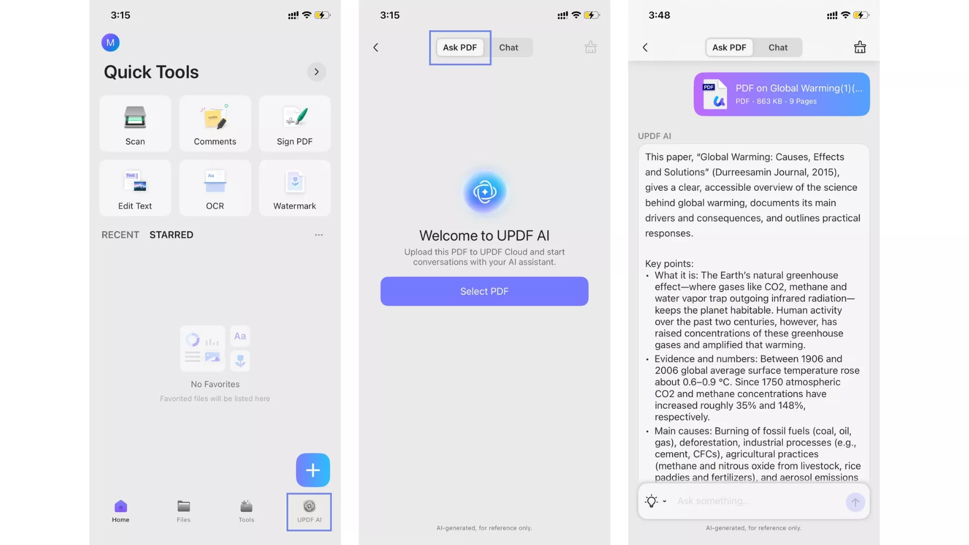 summarize through ask pdf on updf ios
