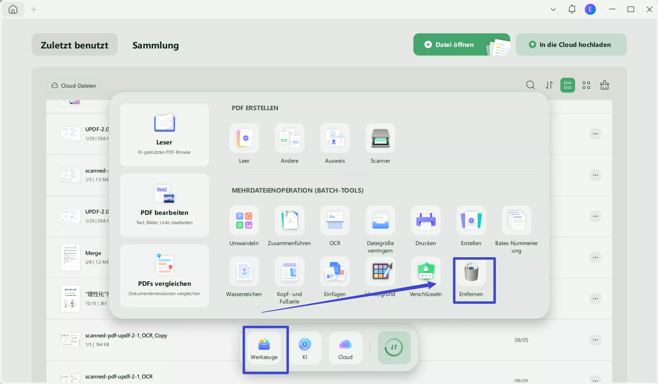 Wählen Sie „Stapelentfernung von UPDF-Fenstern“