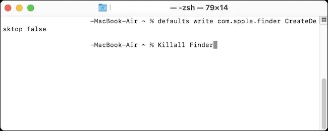 터미널 창에 "killall Finder" 명령을 입력합니다.