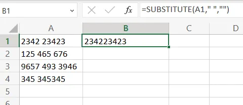 “=SUBSTITUTE(A1,” ', '“)” 수식을 입력하기 시작.