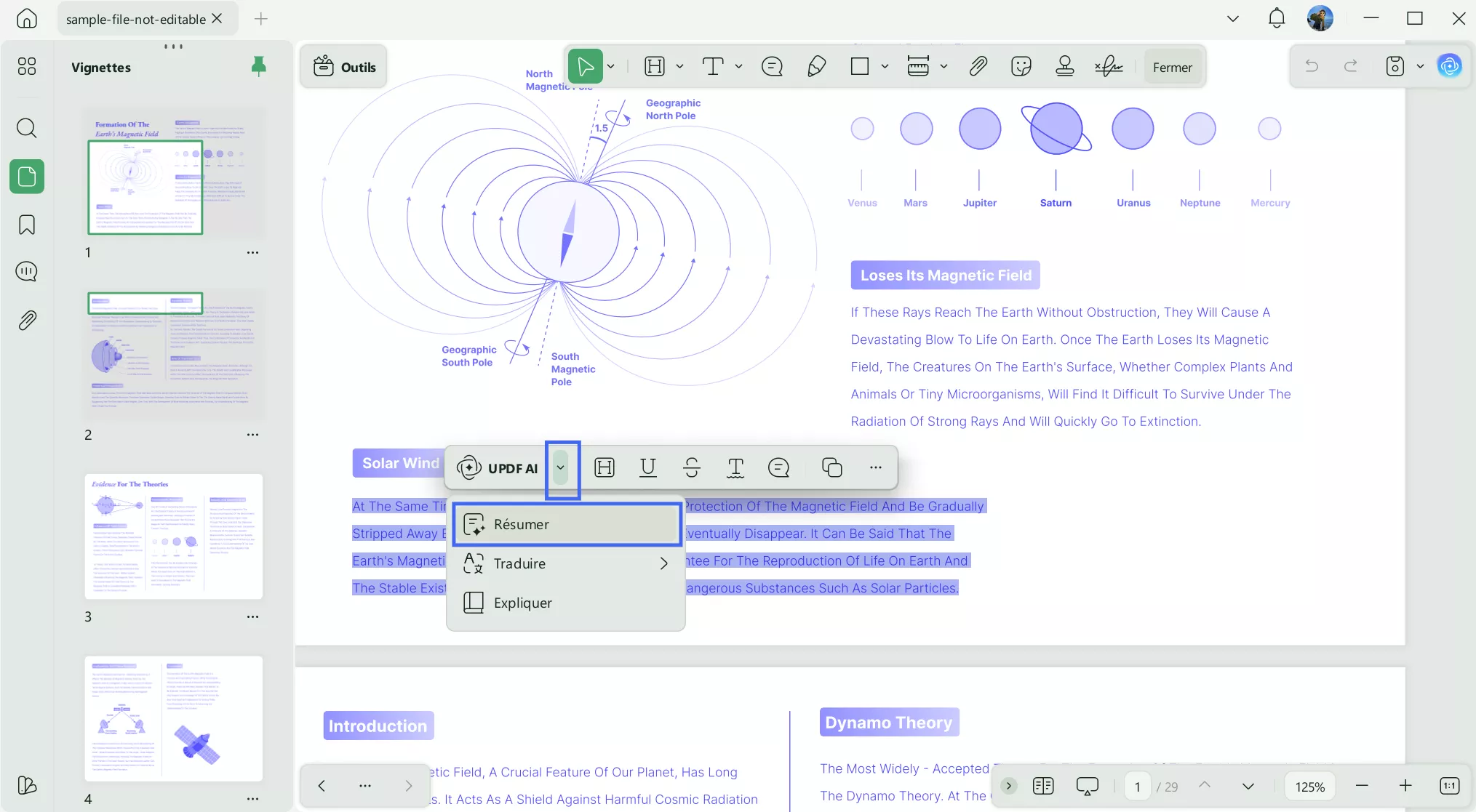 sélectionnez le texte et accédez à l'option de résumé