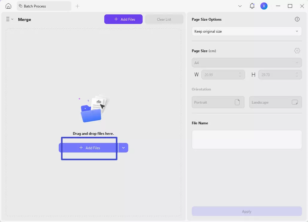 Add files button in batch combine option