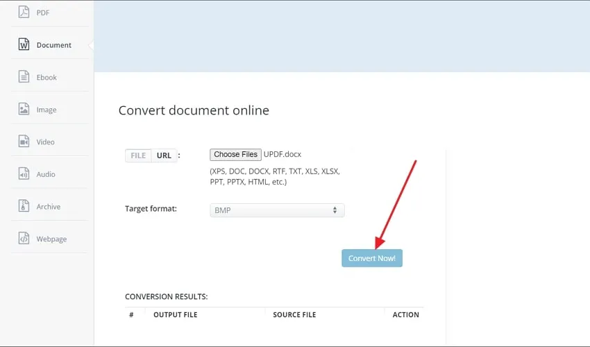 click on convert now button to convert word to bmp in aconvert