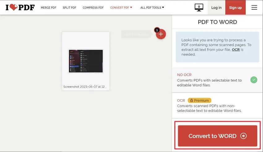 click on convert to word in ilovepdf