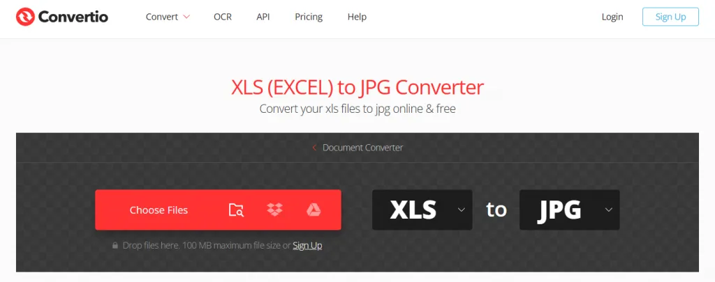 Site de conversion de XLS vers JPG de Convertio