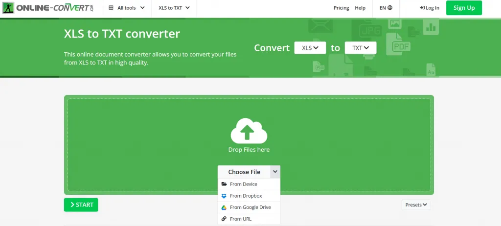 Choose file from device to Convert Excel to TXT File Via Online-Convert