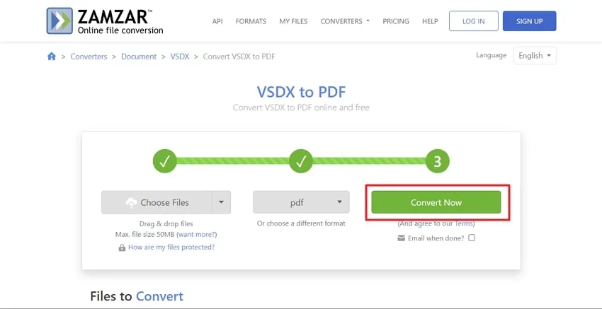 press convert now button to convert vsdx to pdf using zamzar