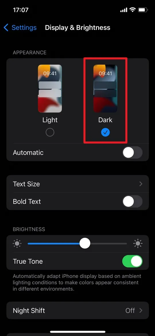 choose the dark mode ios