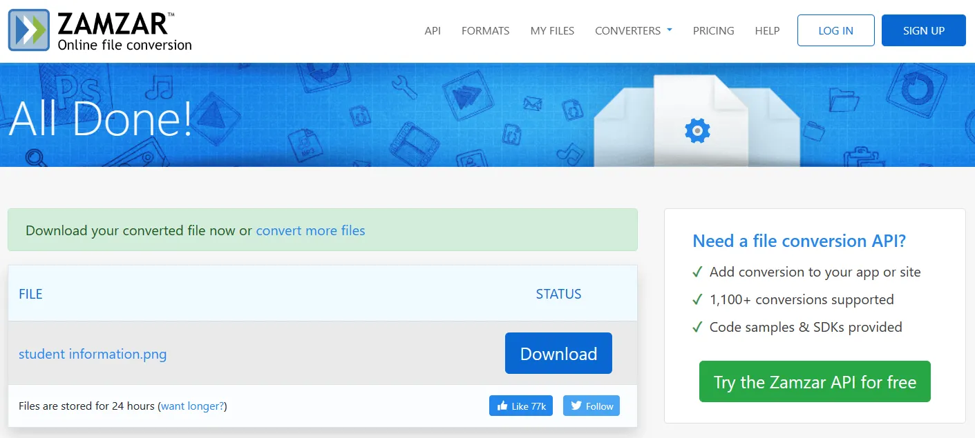 Télécharger le PNG converti à partir d'Excel dans Zamzar