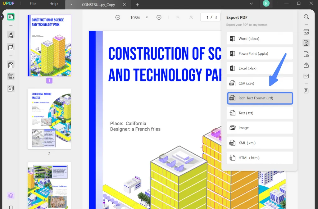 export pdf to rtf using UPDF