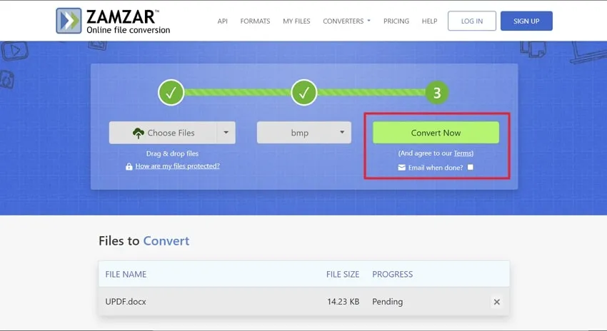 hit the convert now button to comvert doc to bmp via zamzar