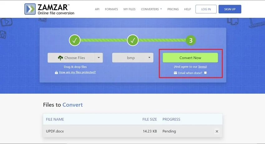 hit the convert now button to comvert doc to bmp via zamzar