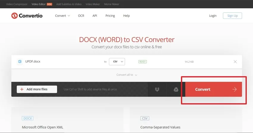 docxをcsvへの変換を実行する convertio
