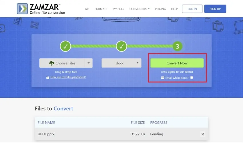 press the convert now button to convert ppt to word in zamzar