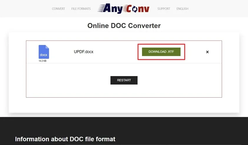 press the download .rtf button in anyconv