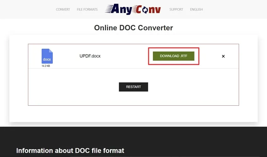 press the download .rtf button in anyconv