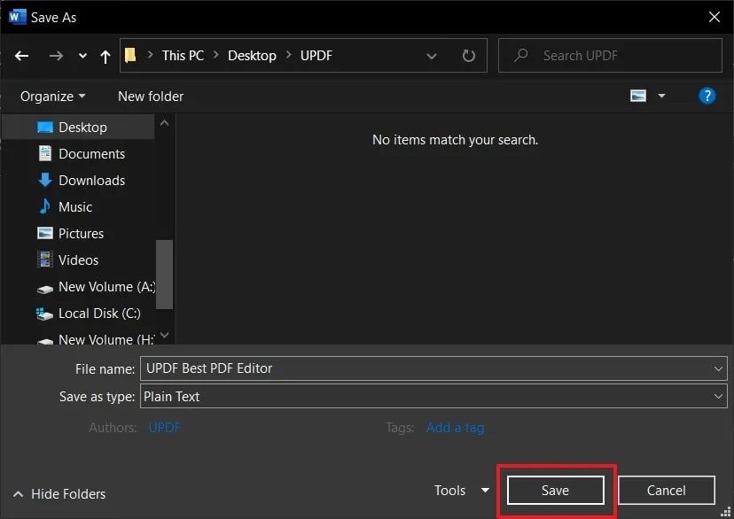 pulse el botón de guardar en Microsoft Word