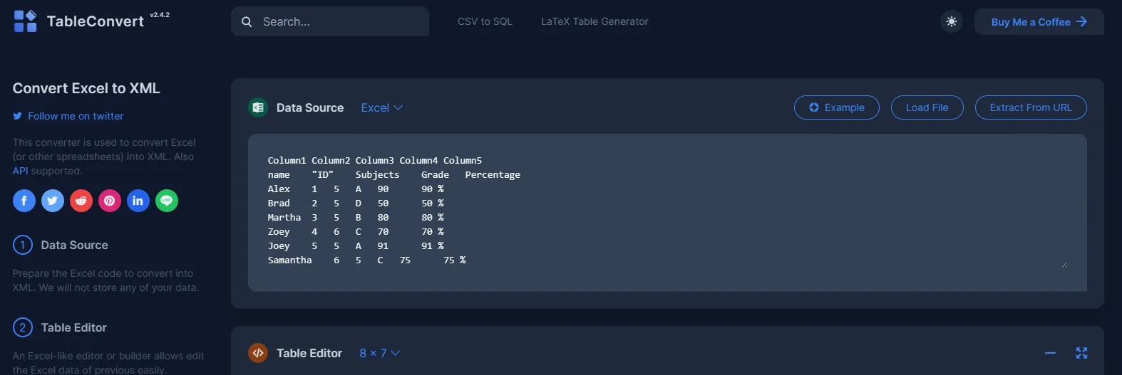 creare file XML da Excel tramite TableConvert