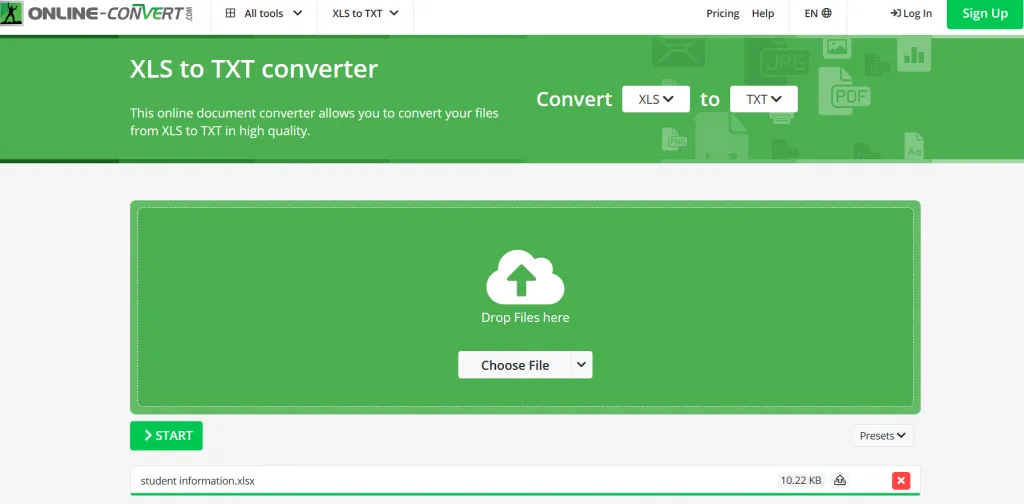 Start to Convert Excel to TXT File Via Online-Convert
