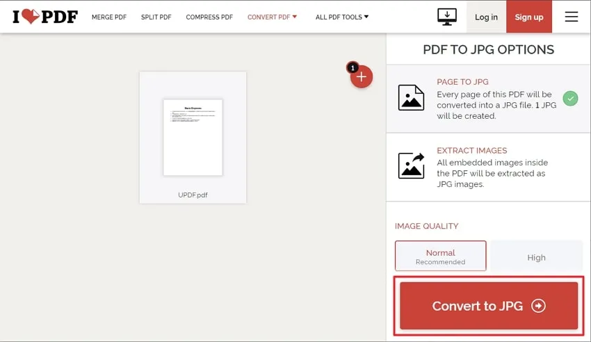 tap on convert to jpg button in ilovepdf