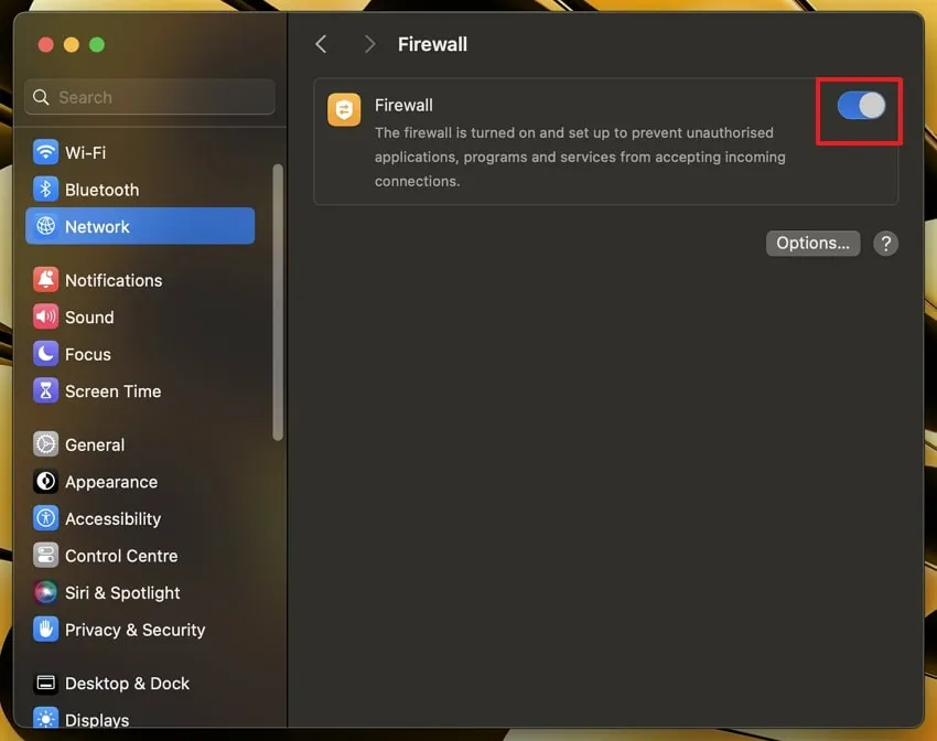 turn off the firewall feature on MacOS Sonoma
