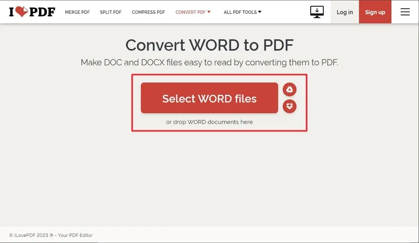 upload the word file in ilovepdf
