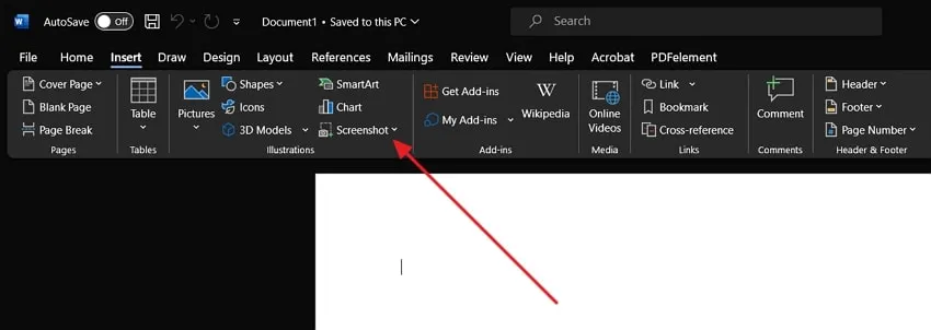 access the screenshot option in ms word