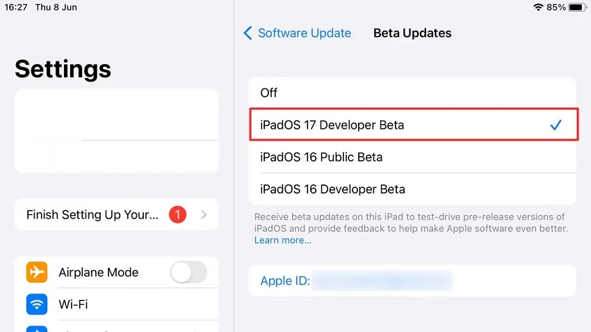 choose ipados 17 developer beta in ipad