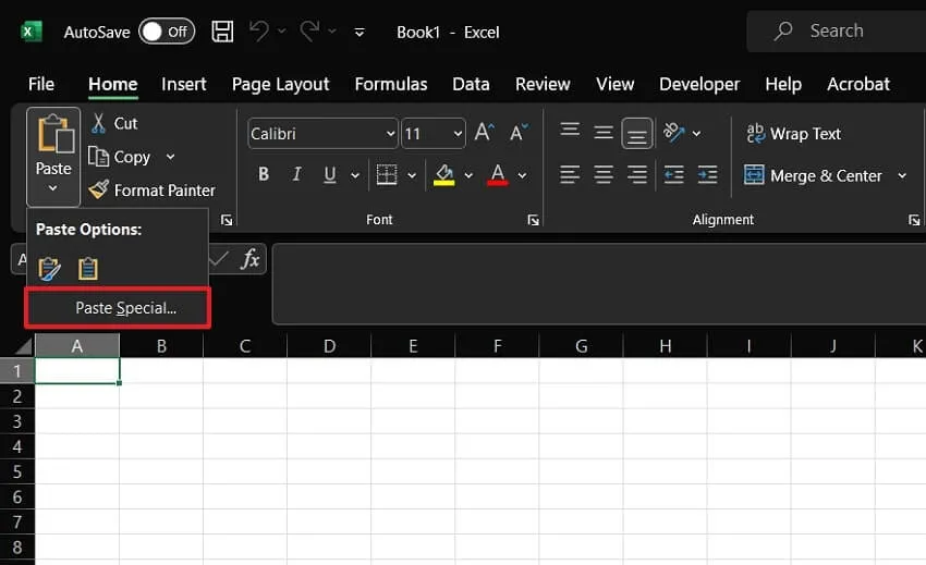 choose paste special option in microsoft visio