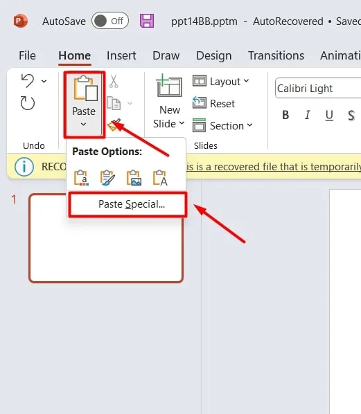 choose paste special option in ppt