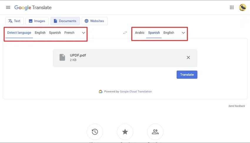 choose source and destination language in google translate