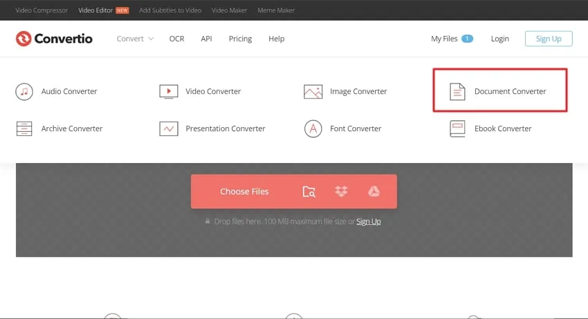 choose the document converter in convertio
