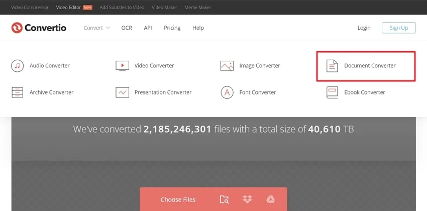 choose the document converter in convertio