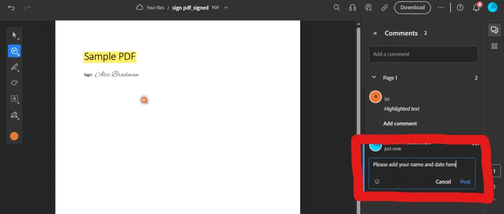 Click add comments on Adobe Online