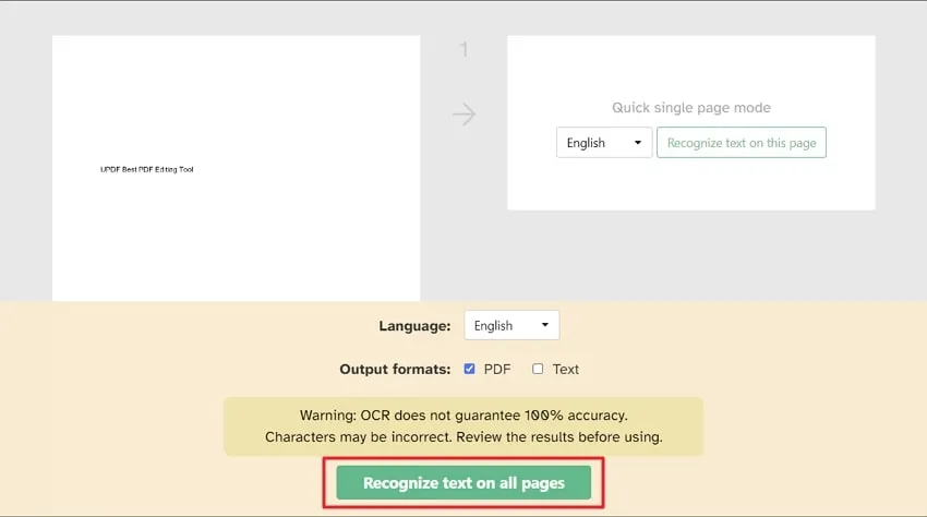 click on recognize text on all pages in sejda