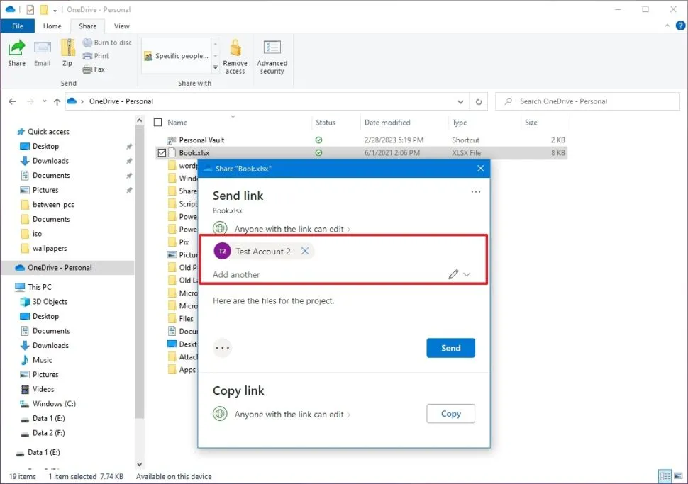 OneDrive에서 보내기 클릭