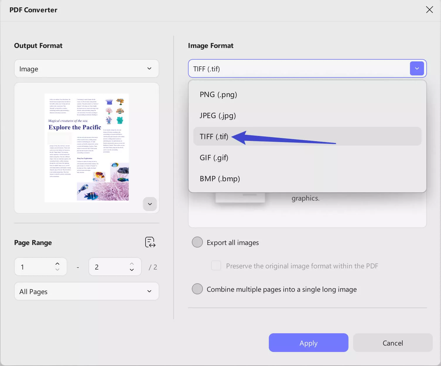 Export PDF to convert word to tiff using UPDF