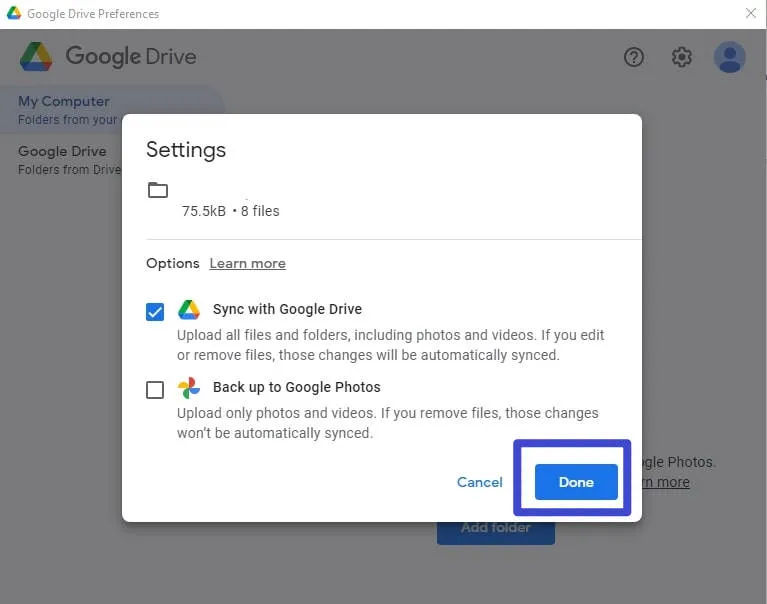 Synchroniser des dossiers avec Google Drive