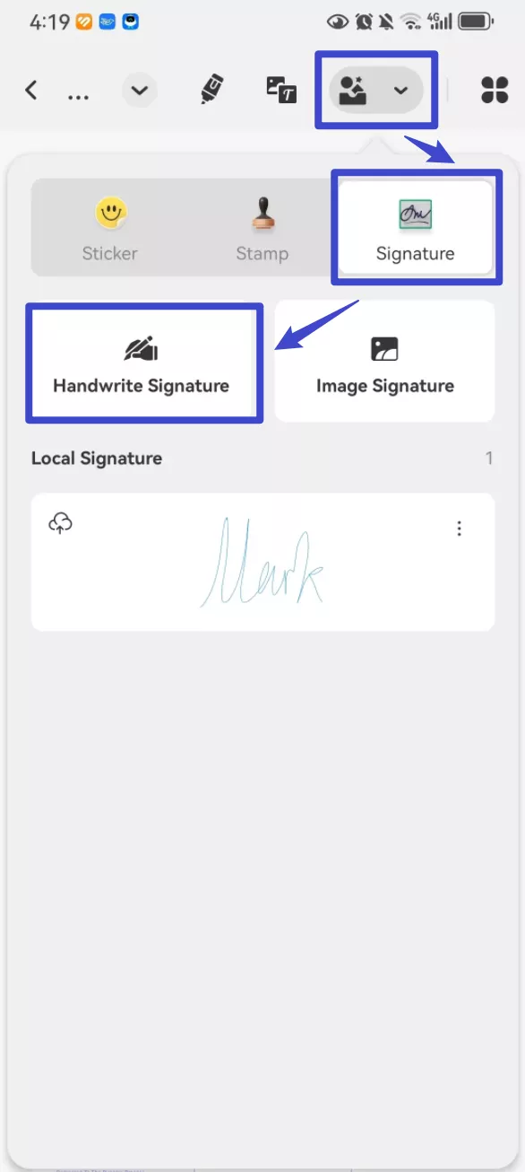 select handwrite signature option on updf for android