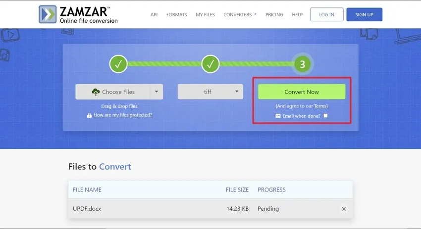 hit the convert now button to convert word to tiff with zamzar