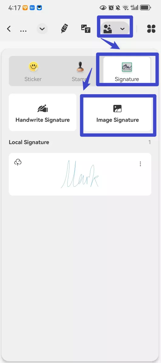 click the image signature option in updf for android
