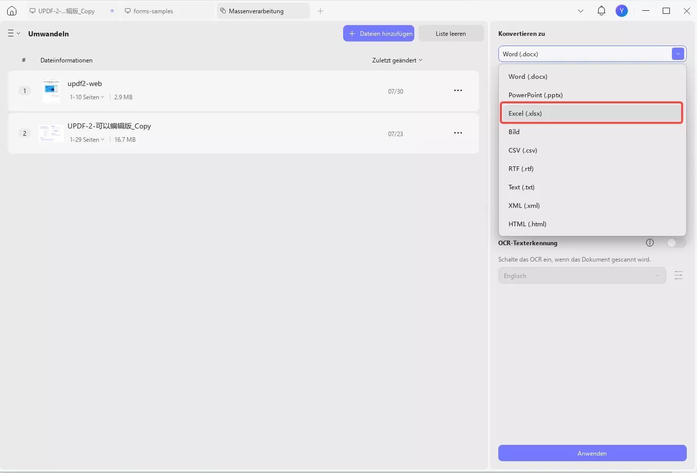 Wählen Sie Excel als Ausgabeformat
