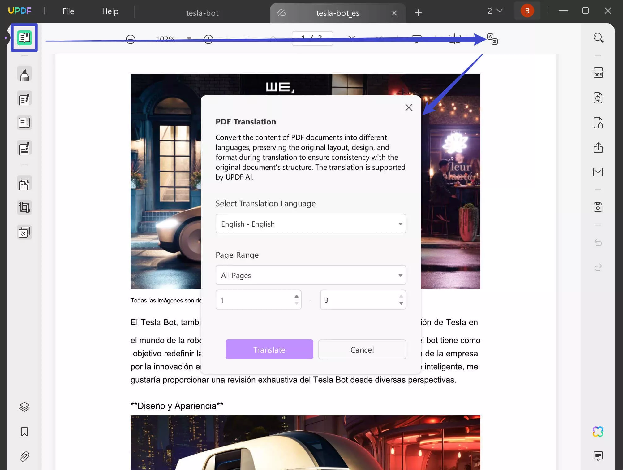 translate a PDF from Spanish to English using UPDF