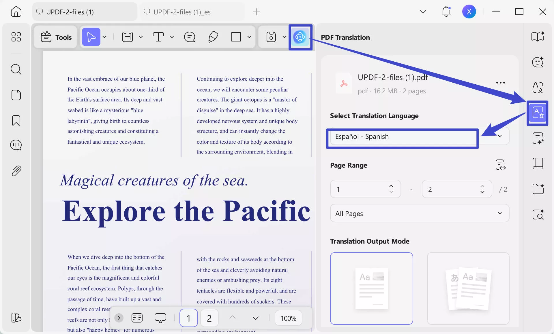 translate a PDF from Spanish to English using UPDF