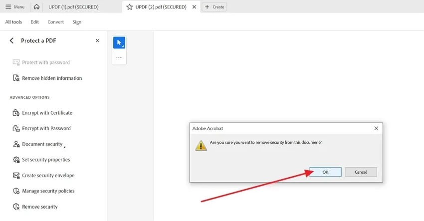 press ok to remove passdword from PDF in adobe acrobat