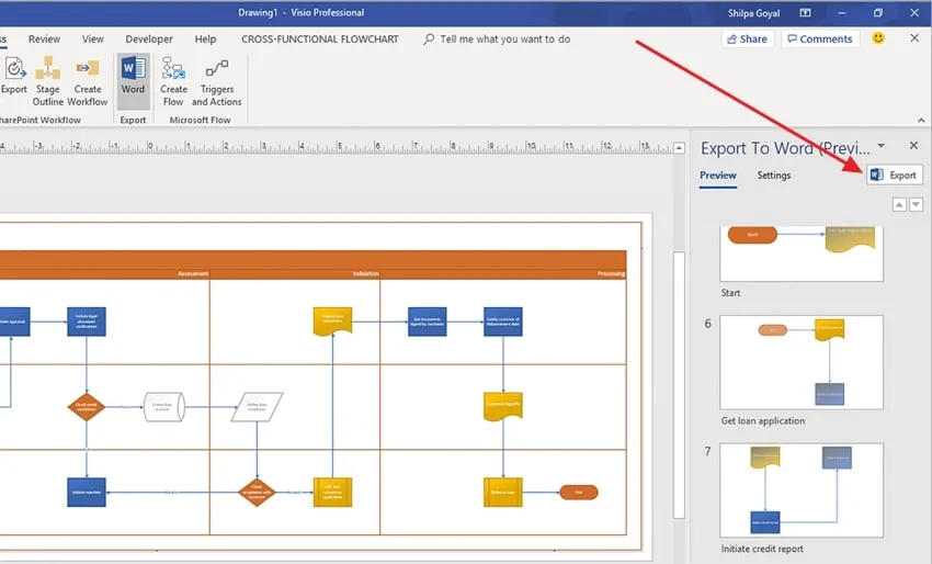 press the export button to convert microsoft visio to word