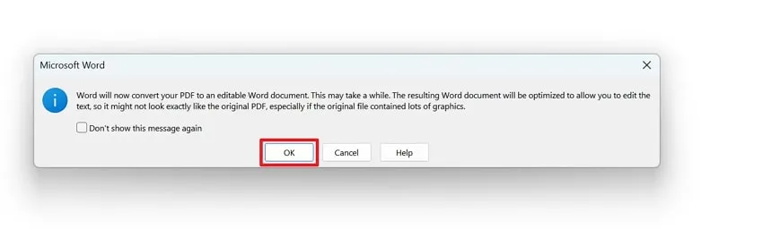 press the ok button to open pdf in word