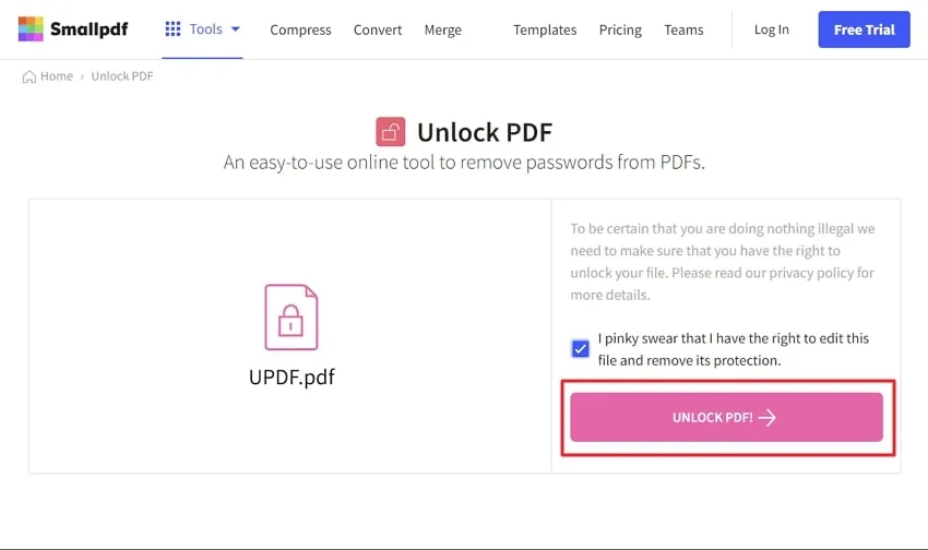 press the unlock pdf button in smallpdf