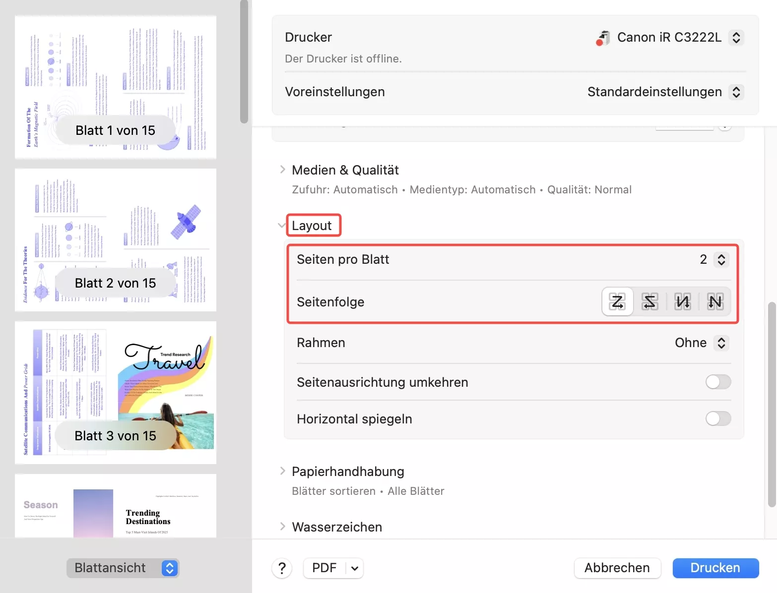 Seiten pro Blatt für den Druck auf UPDF Mac ändern