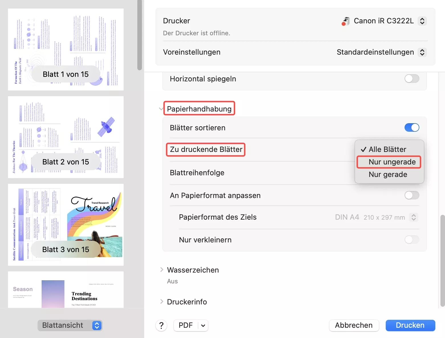 Ungerade Seiten in PDF auf Mac mit UPDF drucken